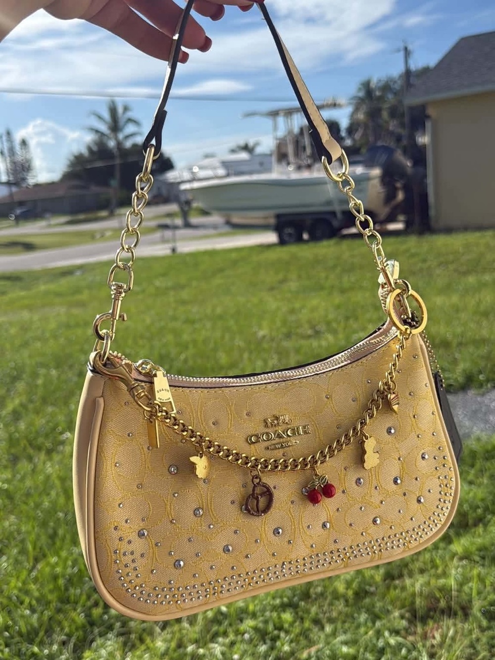 Coach Yellow Embellished Chain Shoulder Bag with Charms